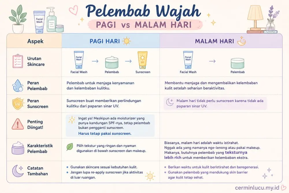 apakah pelembab wajah pagi dan malam harus sama